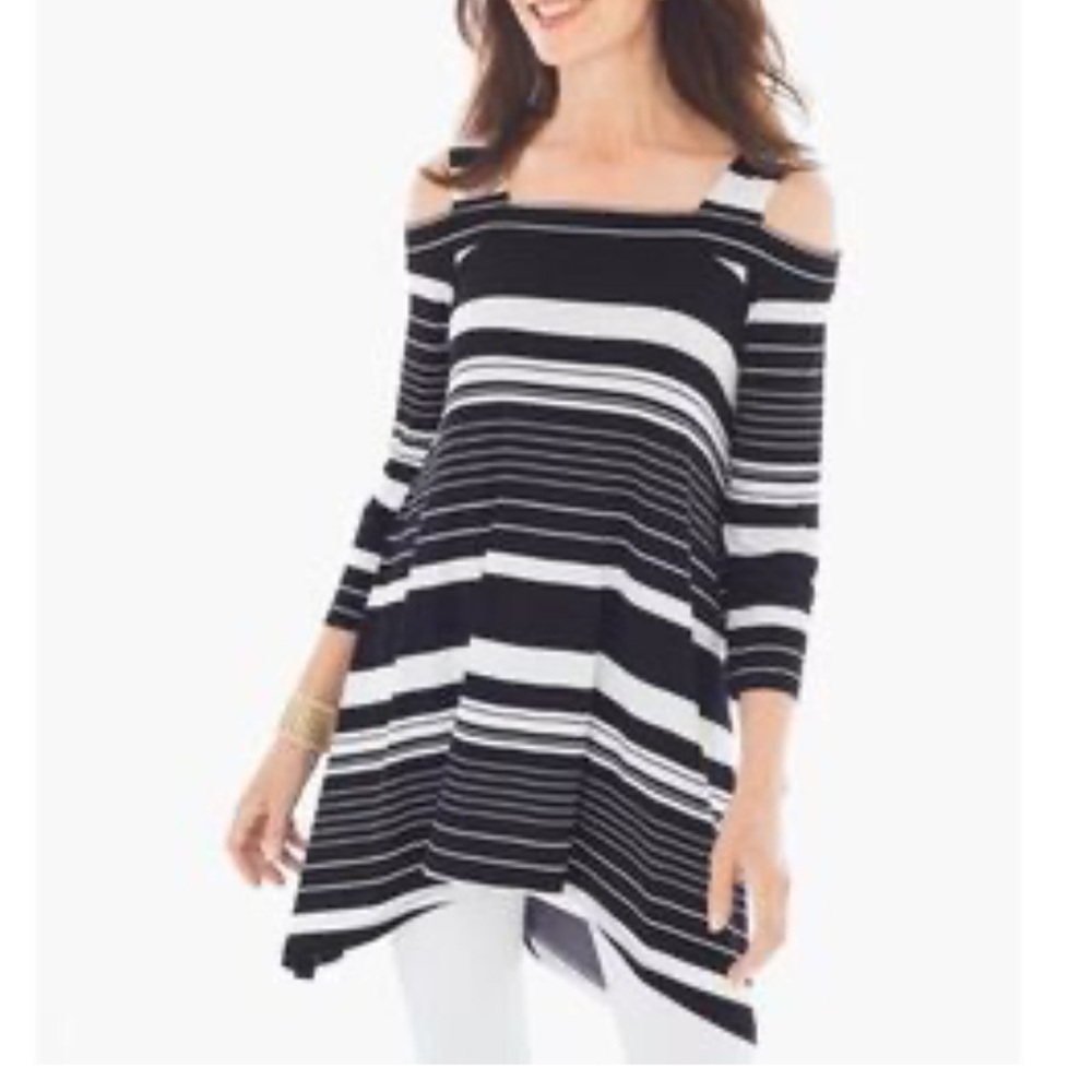 Chico’s Black & White Striped Cold-Shoulder swing tunic Top blouse L